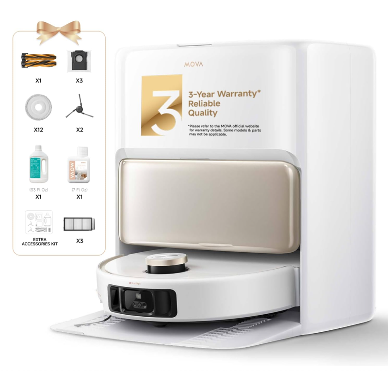 MOVA V50 Ultra Complete 机器人真空拖把 24000Pa吸力 零缠结双刷 2.3英寸障碍 FlexiRise导航 180&deg;F热水拖把自清洁和快速热风烘干 白色
