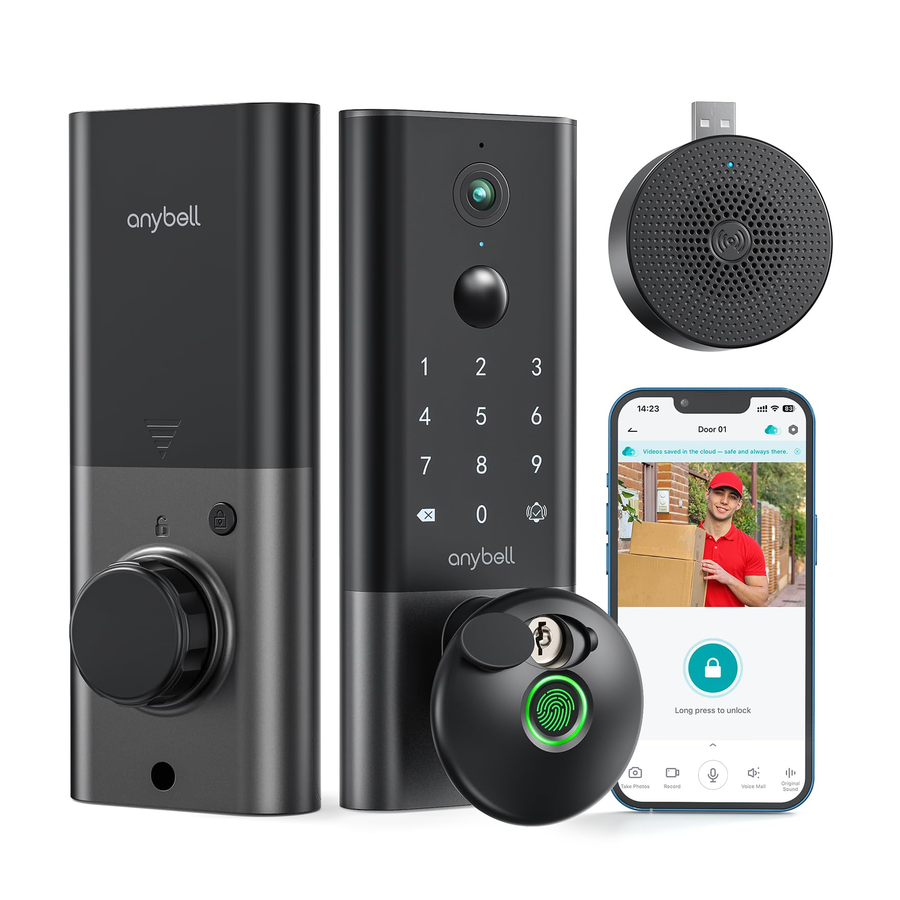 指纹智能门锁,ANYBELL 无钥匙进入门锁带摄像头,内置 Wi-Fi 门栓,自动锁,云端应用控制,夜视和双向音频,家庭安全