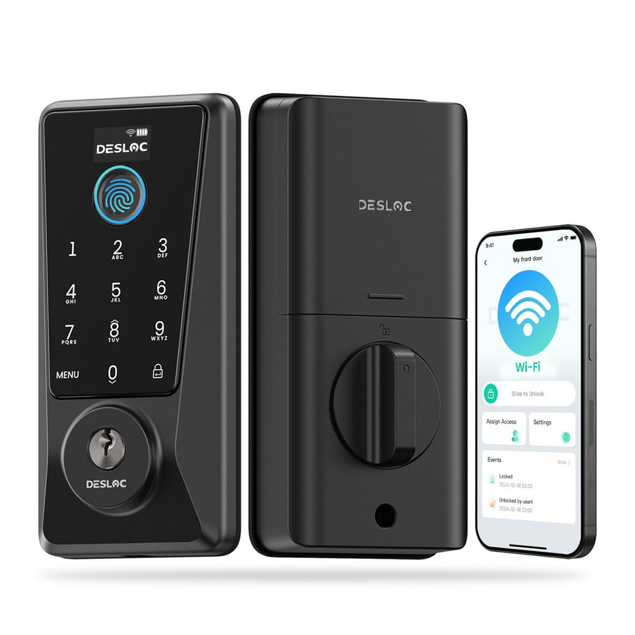 DESLOC 智能锁 D110 Plus,WiFi 指纹智能前门锁带触摸屏键盘,应用程序远程控制,自动锁定,无钥匙进入门闩带背光,黑色,门闩