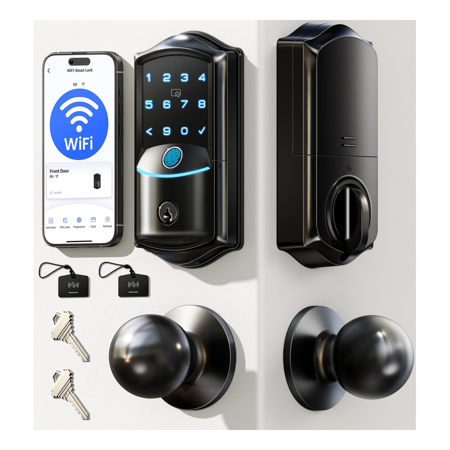 Veise VE027-K 内置 WiFi 智能锁,带 2 个旋钮,指纹无钥匙进入门锁手柄套装,适用于前门,应用程序远程控制,电子数字键盘门栓,IP65 防水,哑光 缺乏缺乏