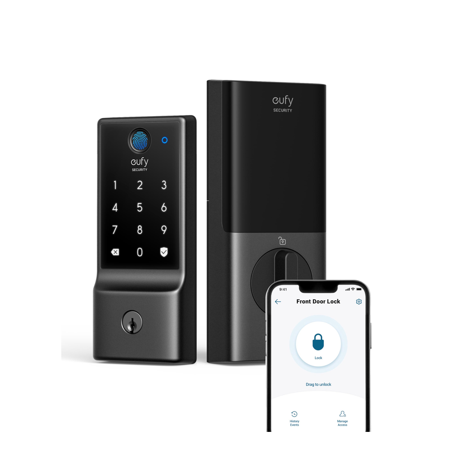 eufy 安全智能锁 C220,指纹无钥匙进入门锁,内置 Wi-Fi,应用程序遥控器,前门智能锁门栓,8 个月电池,可靠电源,IP53 防水,BHMA 级 3